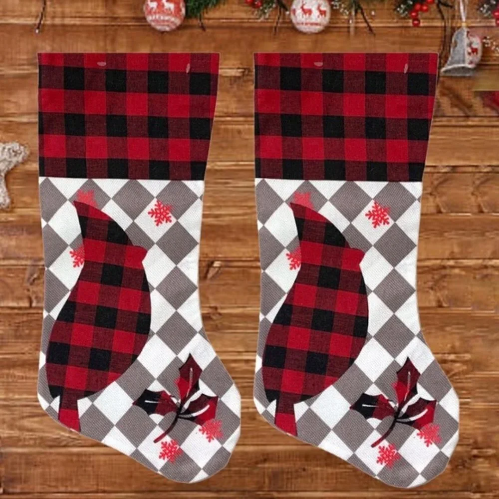 Christmas Stocking Cardinals Buffalo Check Plaid Red Black 17 inch 2 Piece